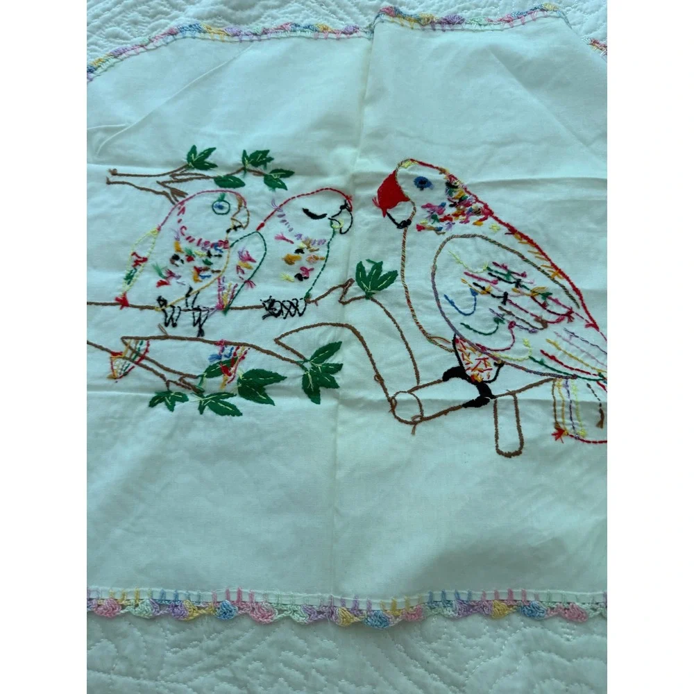 Vintage Hand Embroidered Parakeet Doily DresserScarf Crocheted Edge Cottagecore